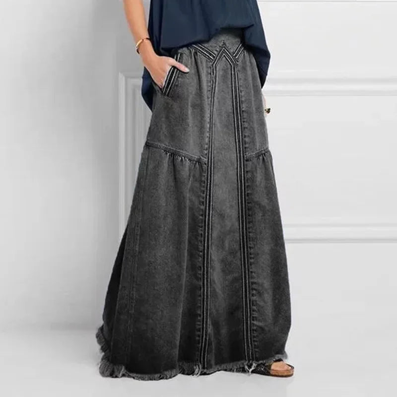 Women Denim Long Skirts Loose A Line Elastic High Waist Skirt Solid Pockets Jeans Casual Elegant Office Lady Autumn 2024