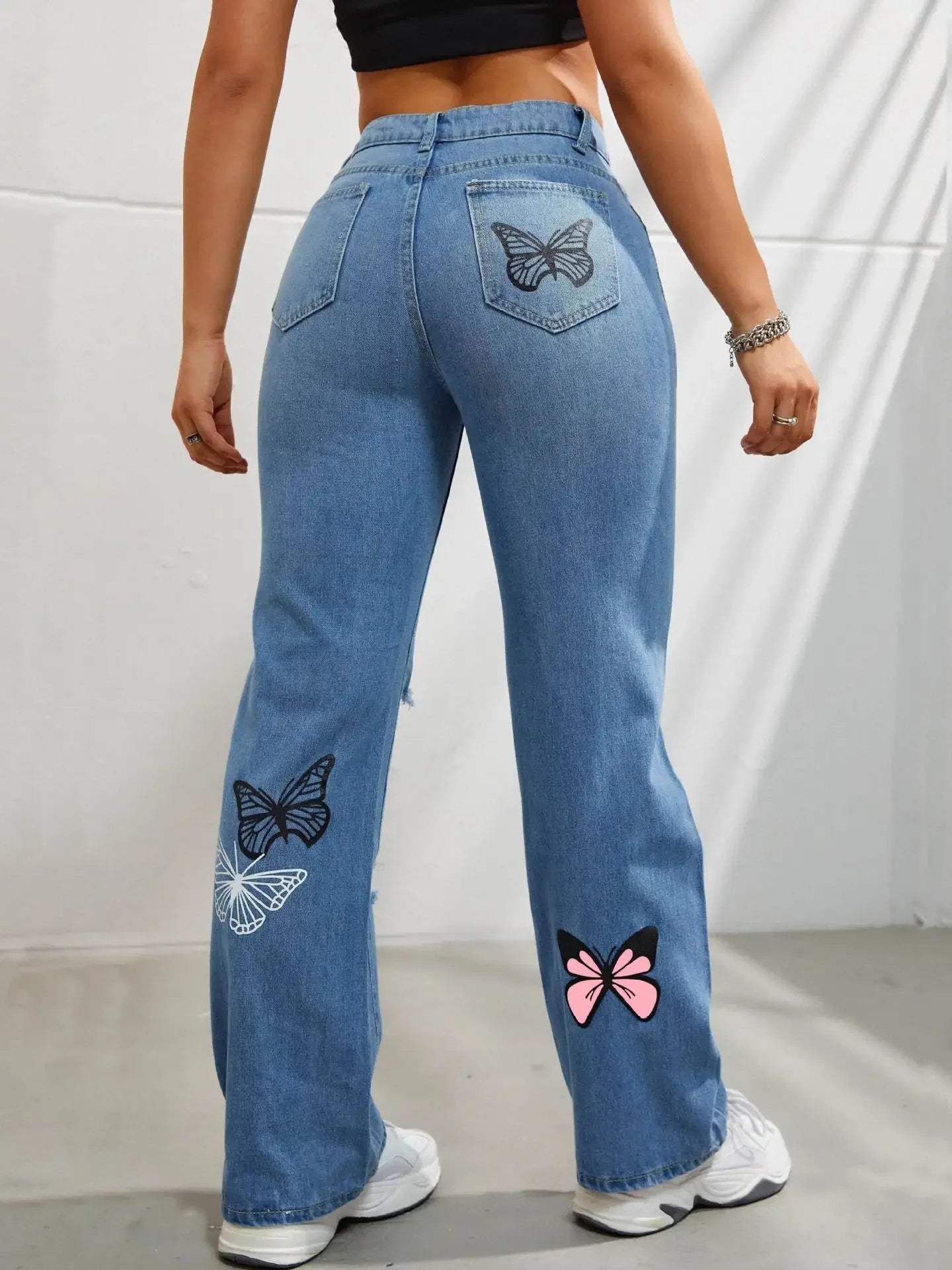 Women Denim Trousers Holes Jeans Butterfly Print Straight Pants High Waist Mom Jeans Vintage Y2k Punk Casual Pant Streetwear