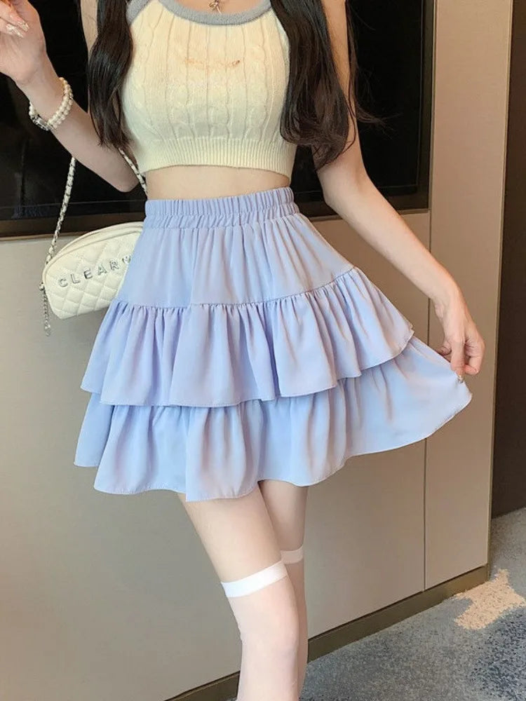 2024 New Ruffled Cake Skirts Women High Waist A-line Solid All-match Sweet Lovely Girl Korean Gentle Spring Kawaii Casual Skirts