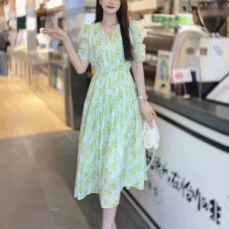 Cheap French Sweet Floral Dress Women V Neck Puff Sleeve Summer Chiffon Dress Summer Bohemian Print A-line Midi Dress In stock