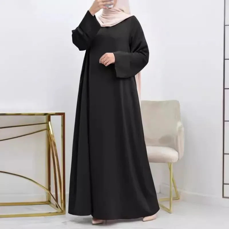 Femme Loose Turkey Kaftan Vintage Spring Muslim Dress Malay Simple Solid Women Abaya O-neck with Belt Big Size Long Sleeves Robe