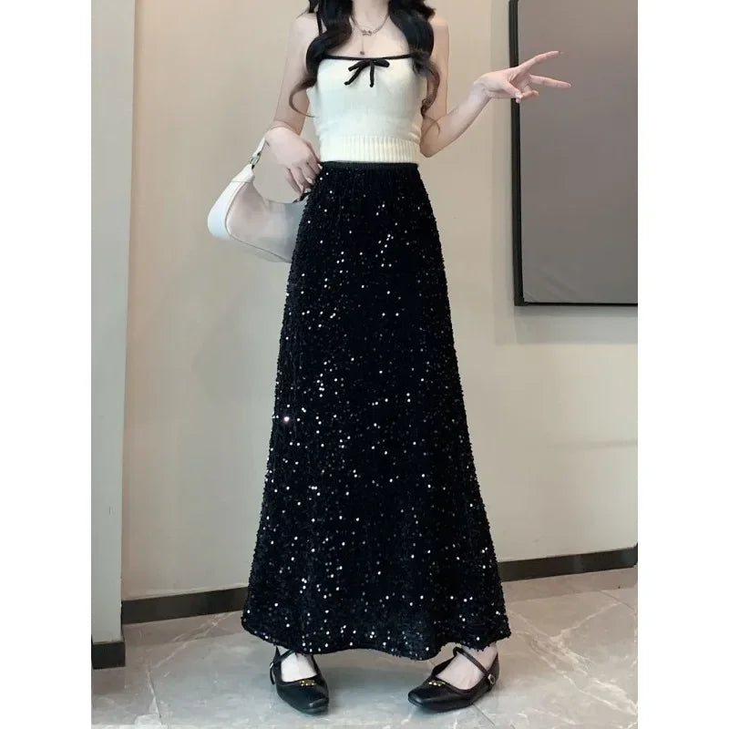 Sequin Clothing Harajuku Y2K Fashion Women Black Streetwear Elegant High Waist Korean Casual All Match A Line Fashion Skirts