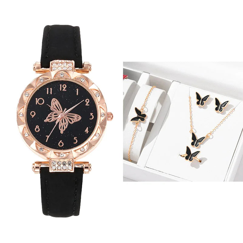 5PCS/Set Fashion Rhinestone Butterfly Women Watch Jewelry Set New Women's Bracelet Watches Waterproof Matching