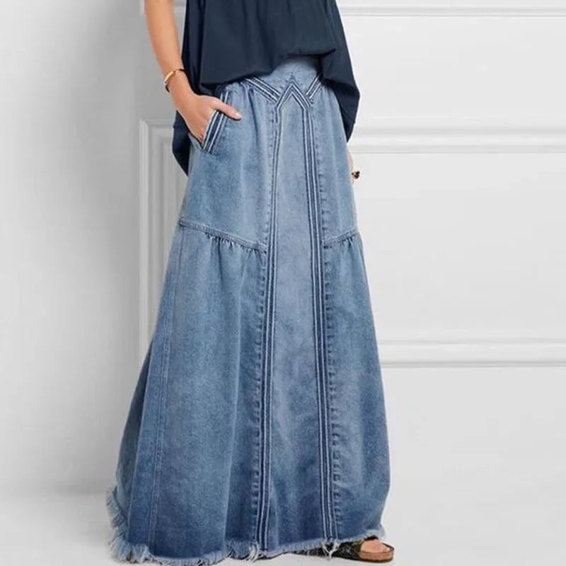 Women Denim Long Skirts Loose A Line Elastic High Waist Skirt Solid Pockets Jeans Casual Elegant Office Lady Autumn 2024