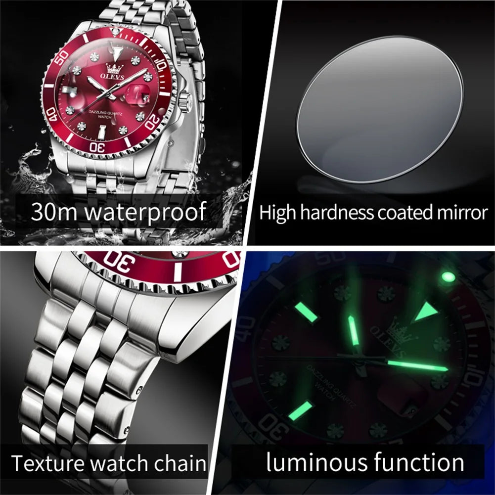 OLEVS 9809 Original Waterproof Quartz Watch For Men Top Brand Calendar Wristwatch Luminous Stainless Steel Business Man Watches