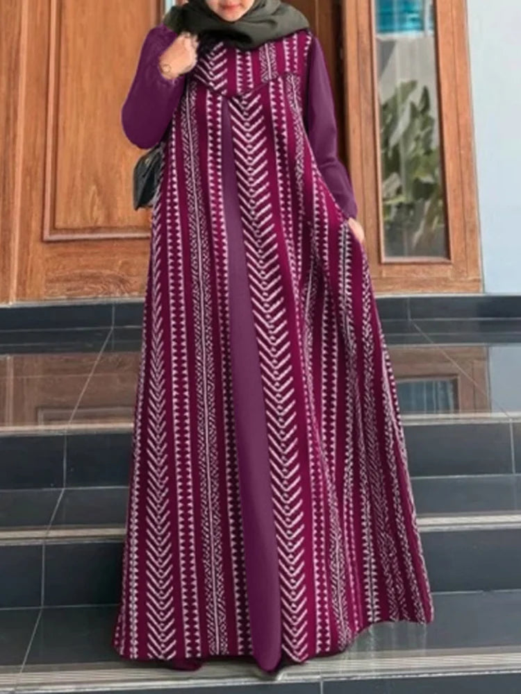 ZANZEA Spring Patchwork Maxi Dresses Elegant Women Long Sleeve Muslim Abaya Dress Robe Femme Islamic Vestidos Printed Sundres