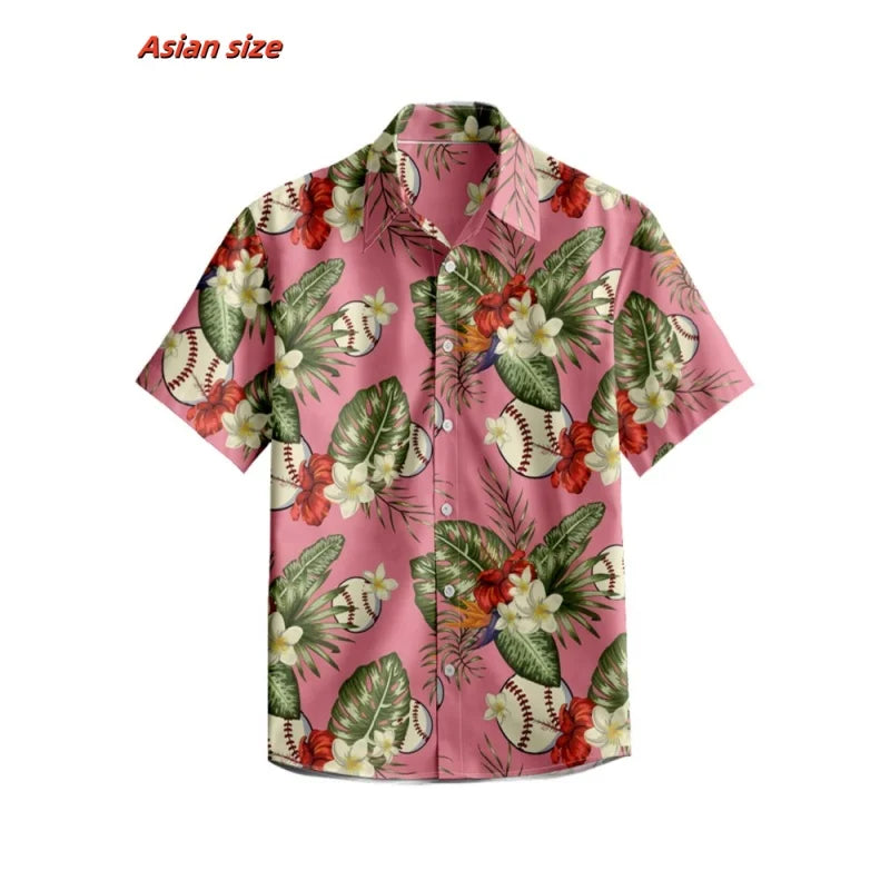 Colorful Stripes Baseball Pattern Hawaiian Shirt For Men Retro 3D Print Short Sleeve Tops Casual Lapel Aloha Shirts Loose Blouse