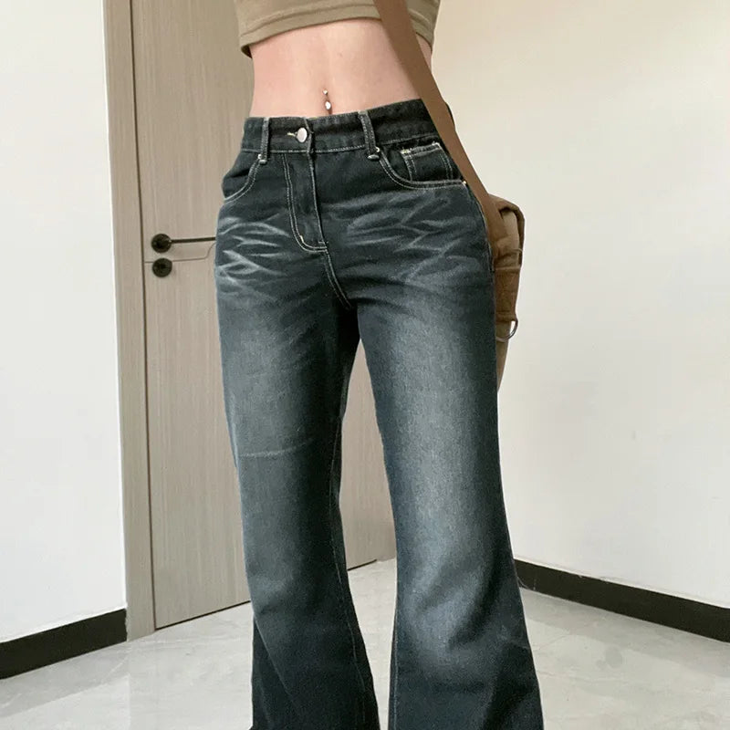 Washed Jeans Women Vintage Denim Flare Pants 2024 Autumn Casual Distressed Denims Female Streetwear Trousers Floor Length