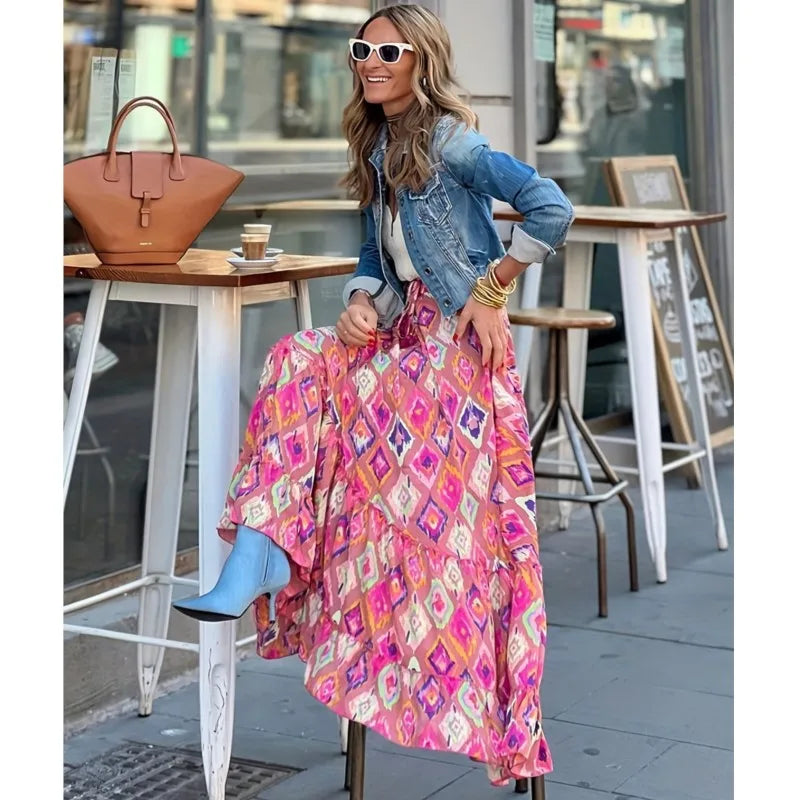 Ladies' Vacation Style Printed Skirt Long Skirt Summer Autumn New 2024 Oversized High Waisted Lace Up Elegant Ladies' Skirt