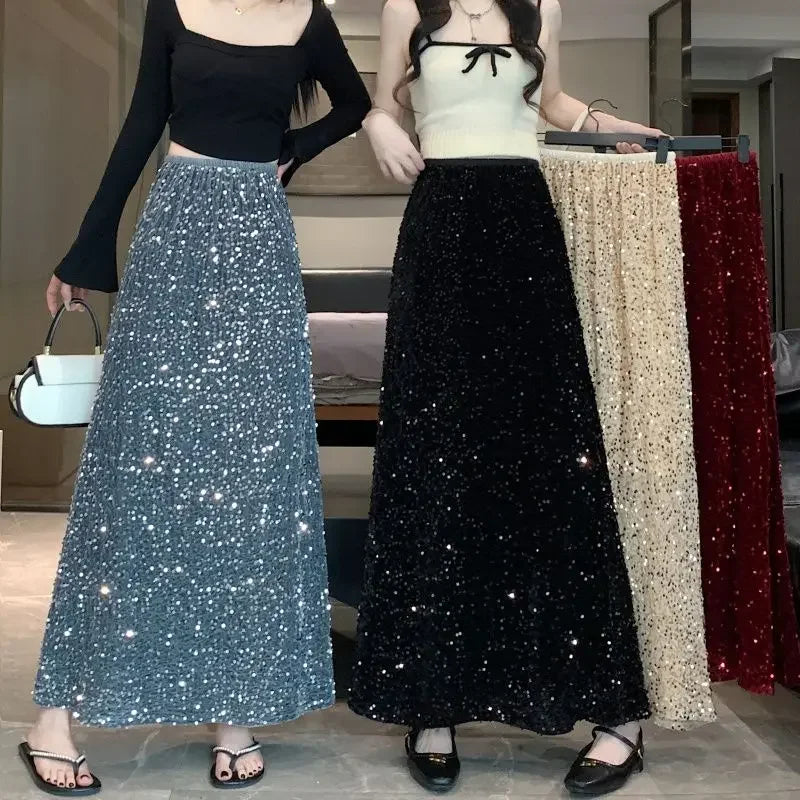 Sequin Clothing Harajuku Y2K Fashion Women Black Streetwear Elegant High Waist Korean Casual All Match A Line Fashion Skirts