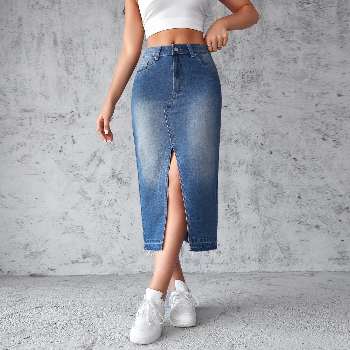 Denim Skirts Wrap Buttocks Dress Solid Washed High Waist Women Pencil Skirt Spliced Pockets Ankle Length Slim Solid Casual