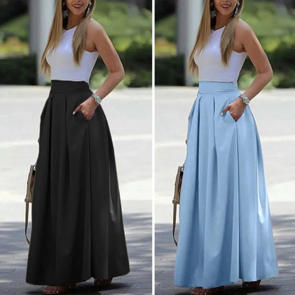 Women Spring Long Skirt Loose Ankle Length High Waist A-line Pockets Solid Color Pleated Elegant Office Lady Maxi Skirt юбка