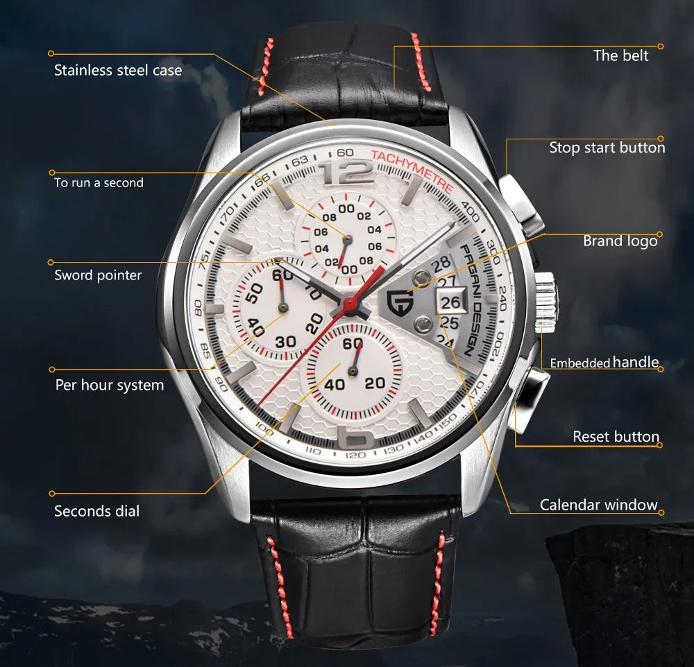 Pagani Design 47Mm Fashionable Sports Men's Quartz Watch with Calendar Glass Leather Strap Waterproof 3Bar Reloj Hombre Watches