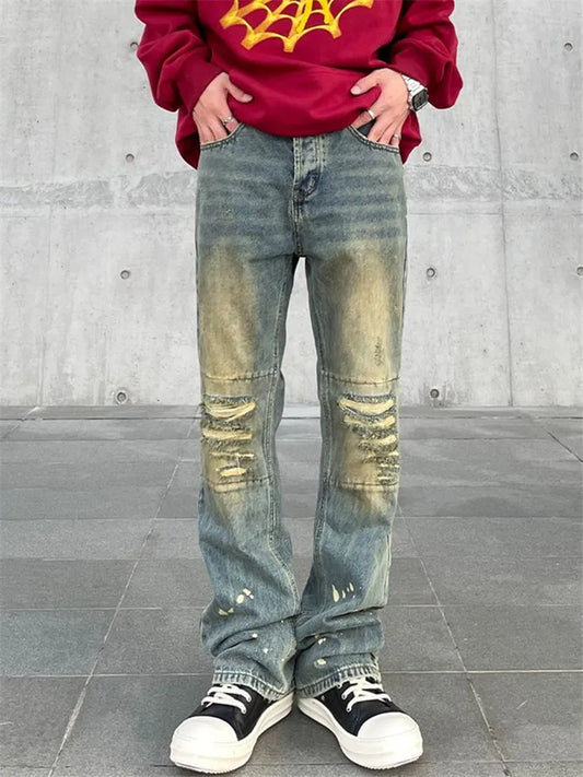 Spring and Autumn High Street Jeans for Men Y2K Straight-leg Pants Splash-ink Button Pocket Washed Trousers A167