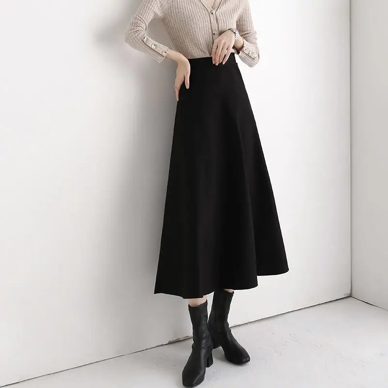 Black Long Skirt Women 2024 Spring Korean Fashion Elegant Vintage High Waist A-line Midi Length Swing Skirt Office Lady Y2k