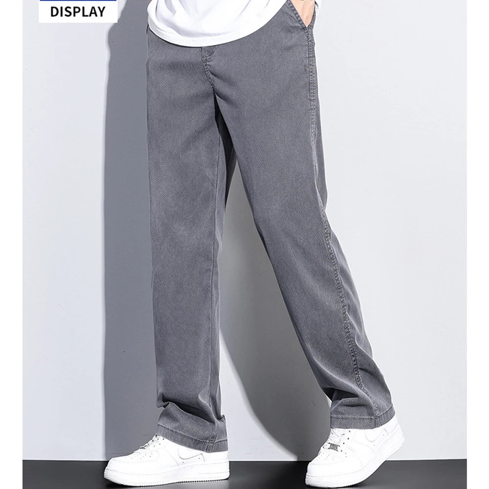 2024 Summer Jeans for Men Thin Soft Lyocell Fabric Loose Straight Wide Leg Pants Elastic Waist Casual Trousers Plus Size M-5XL