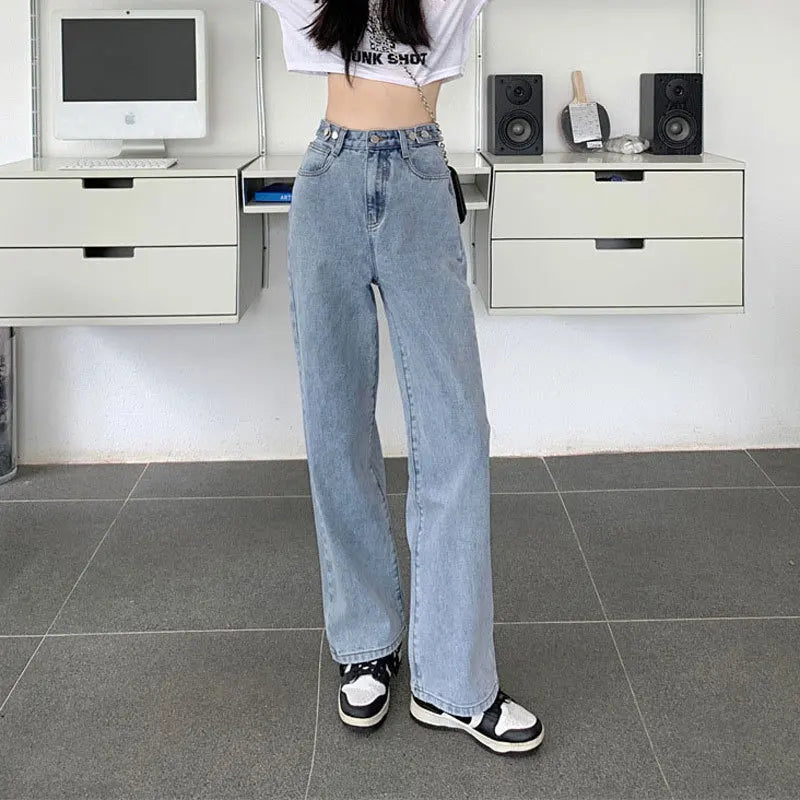 Washed High-waisted Straight Leg Jeans, Women's Loose Multi-button Adjustable Wide-leg Pants, Casual Retro Floor-length Jeans