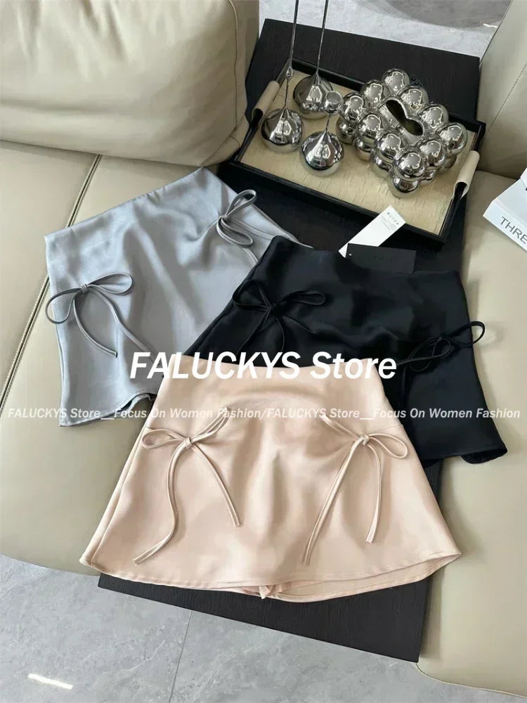 Bow Lace-up Satin Y2k Mini Skirts Women Pink Korean Style A-Line Skirts Summer 2024 High Waist Sexy Slim Sweet Short Skirts New