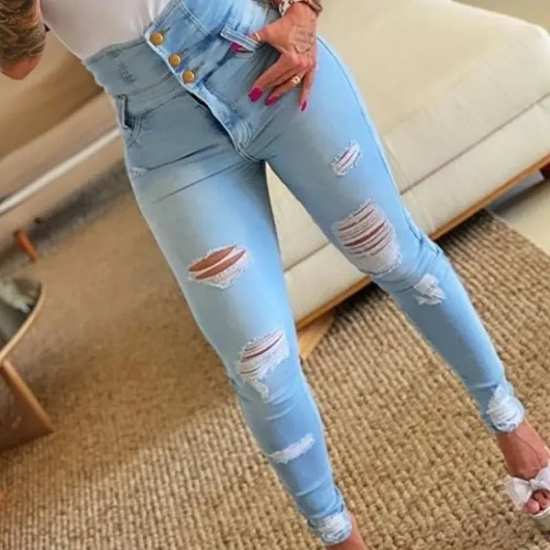 Fashion Slim-fit High-waisted Ripped Small-legged Jeans, Women's Spring and Autumn New High-waisted Slimming Breasted Jeans,