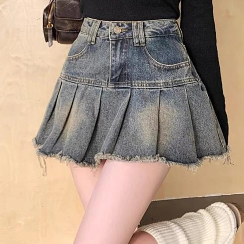 Fashionable And Sweet Korean Style High Waist Denim Pleated Skirt For Women