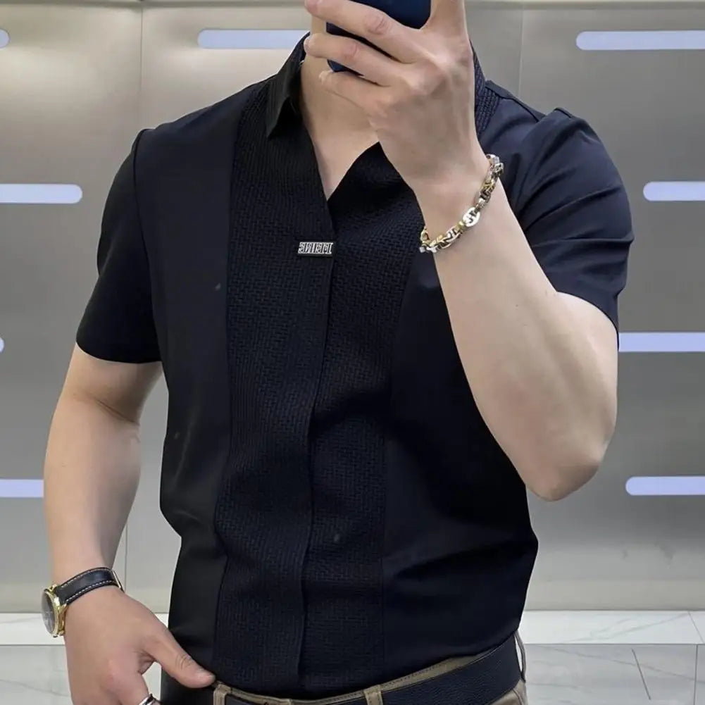 Men Short-sleeve Shirt Formal Business Style Men's Summer Shirt With Turn-down Collar Short Sleeves Slim Fit Patchwork Soft