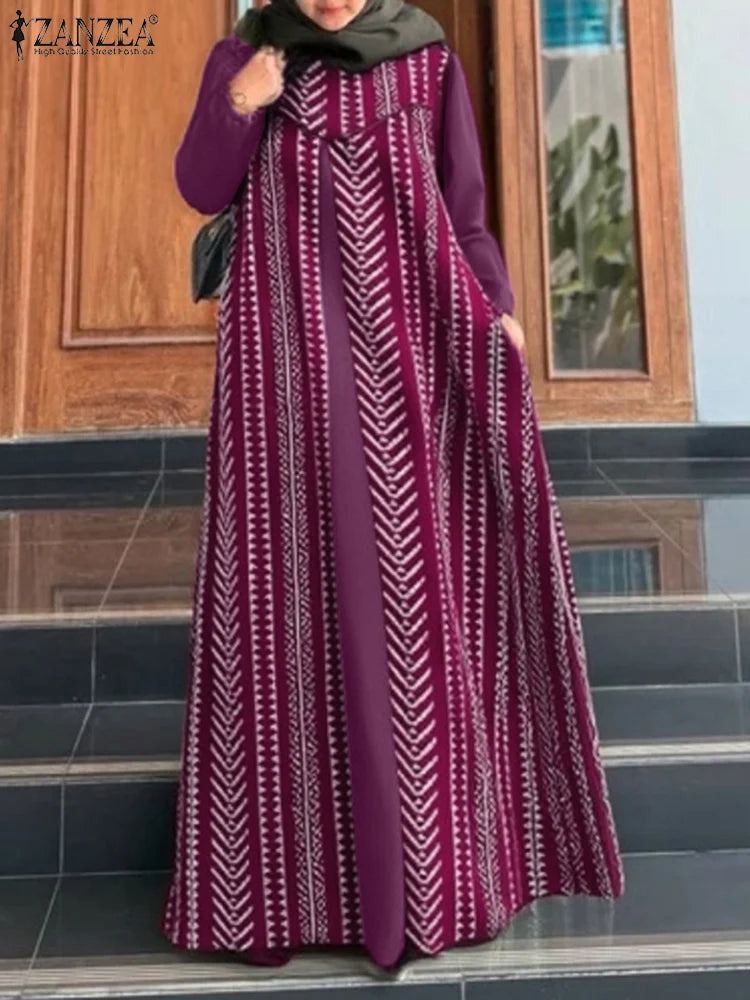 ZANZEA Spring Patchwork Maxi Dresses Elegant Women Long Sleeve Muslim Abaya Dress Robe Femme Islamic Vestidos Printed Sundres