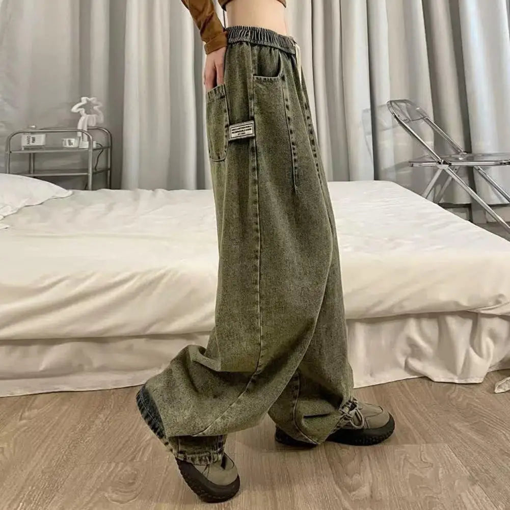 Two Side Pocket Jeans Vintage Wide Leg Denim Jeans with Elastic Waist Crotch Pockets for Women Hop Streetwear Fashion Statement