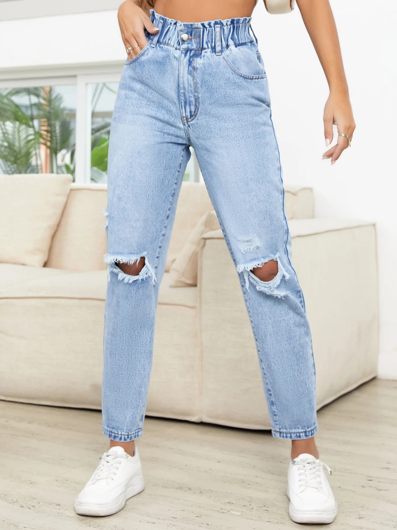 Ankle Length Holes Jeans ripped Distressed Straight Pants Denim Pockets Washed Elastic Waist High Street Solid Vintage 2024