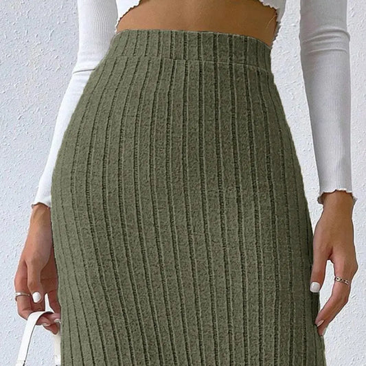 Autumn Winter Elegant Women Maxi Ribbed Skirt High Waist Side Slit Knitting Skirt Slim Long Skirt Summer