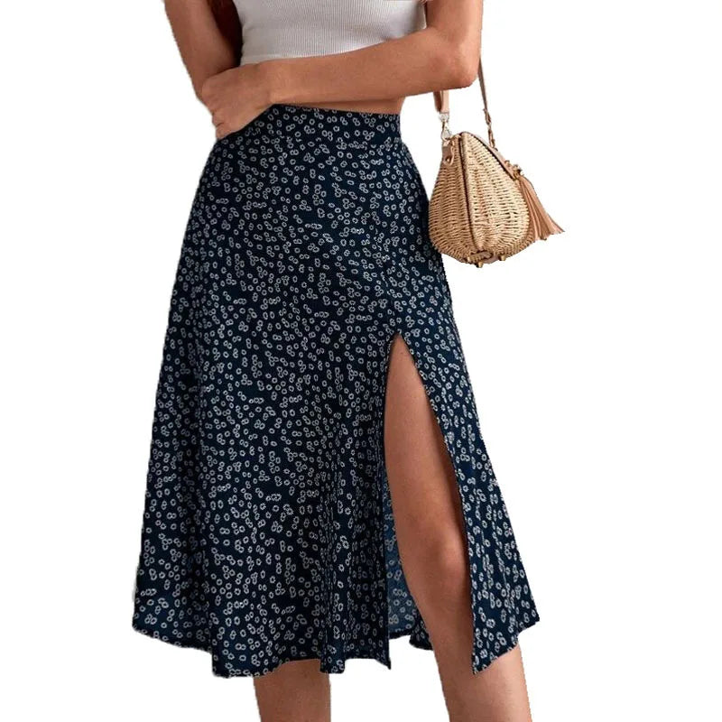 Elegant Printed Skirt Women Sexy Split Mid Skirt Summer Every Day Solid Color Dress Robe