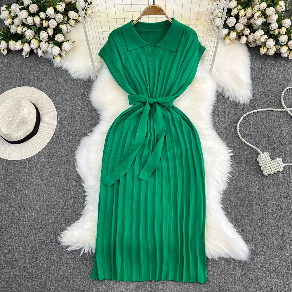 Dress Women Long Dresses Knitted Lace Up Tight Waist Polo Neck Solid Slim Fit Short Sleeve Vestidos Elegant Splice Summer