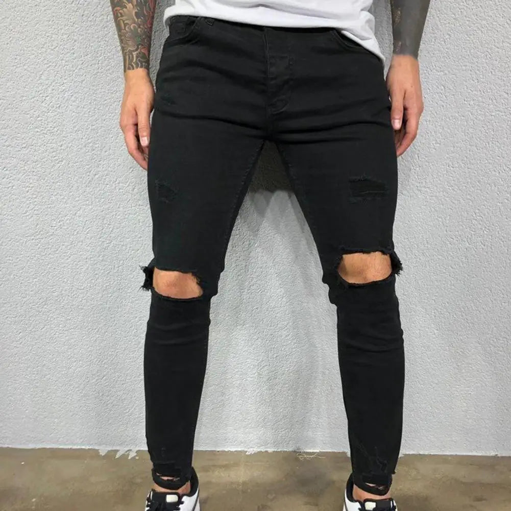 Men's Jeans Streetwear Ripped Skinny Hip Hop Man Fashion Estroyed Oversize Pants Solid Color Male Stretch Casual Denim Trousers