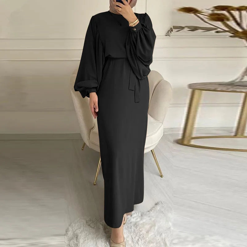 New Elegant Simple Lace-up Muslim Dress Long Sleeve Solid Color Sundress Robe Modest Muslim Robe Dress