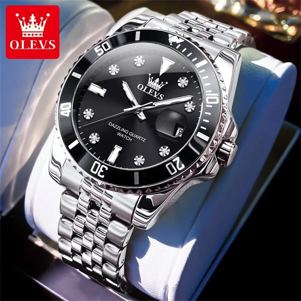 OLEVS 9809 Original Waterproof Quartz Watch For Men Top Brand Calendar Wristwatch Luminous Stainless Steel Business Man Watches