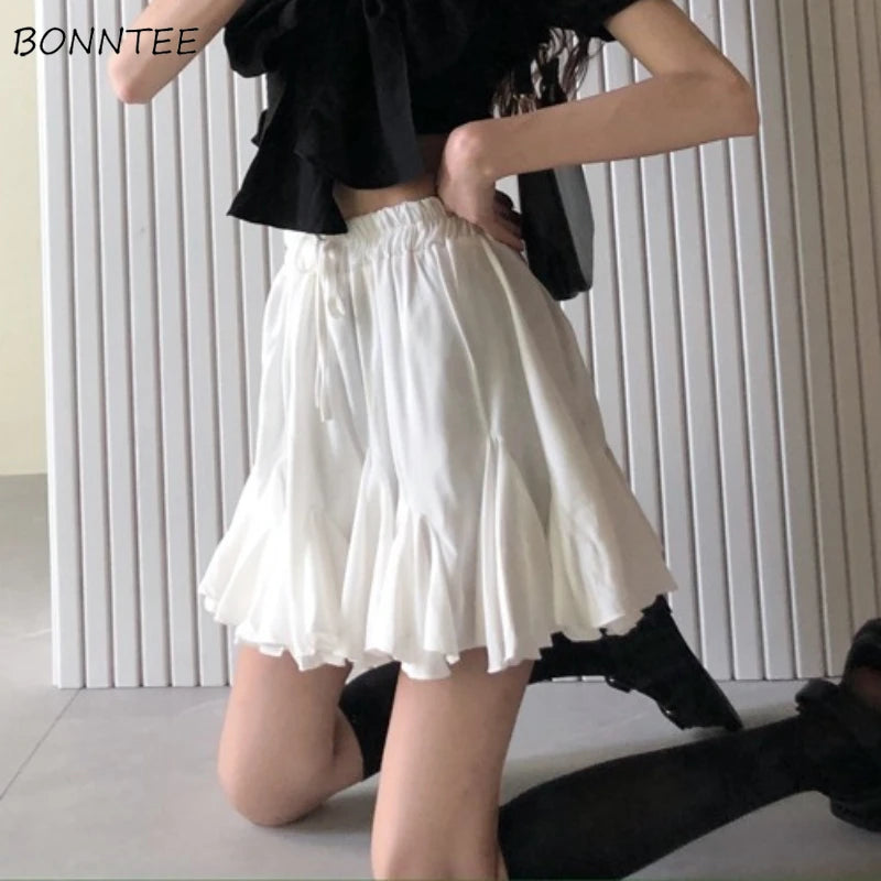 A-line Skirts Women High Waist Sweet Ins Korean Fashion Temperament Anti-exposure Ruffles All-match Students Summer Casual Mini