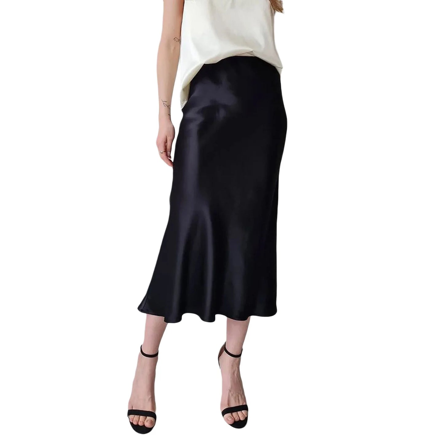 Women s Summer High Waist Skirt Solid Color Long Satin Skirt for Travel Beach Shopping