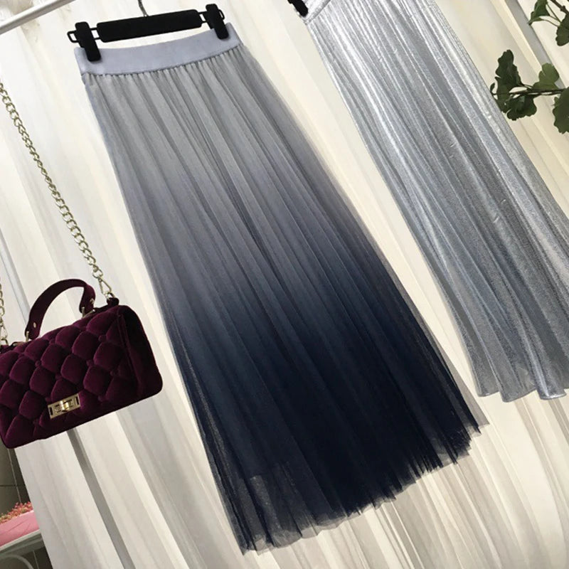 Long Tulle Skirt Women 2019 Autumn Gradient Korean Elegant High Waist A-line Pleated School Midi Skirt Female