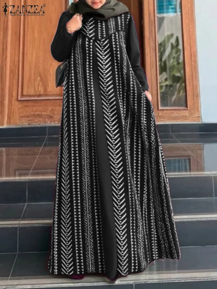 ZANZEA Spring Patchwork Maxi Dresses Elegant Women Long Sleeve Muslim Abaya Dress Robe Femme Islamic Vestidos Printed Sundres