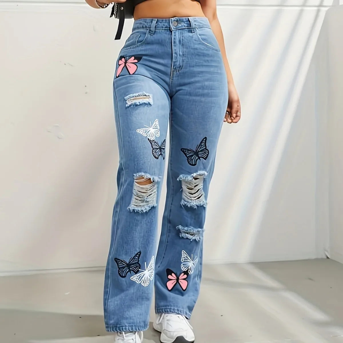 Women Denim Trousers Holes Jeans Butterfly Print Straight Pants High Waist Mom Jeans Vintage Y2k Punk Casual Pant Streetwear