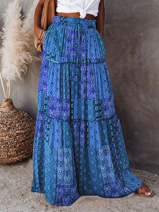 Women Bohemian Long Skirts Vintage Long Maxi Elastic High Waist A-Line Skirts Tiered Long Skirts with Pockets Beachwear Skirt