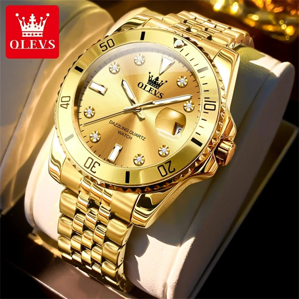 OLEVS 9809 Original Waterproof Quartz Watch For Men Top Brand Calendar Wristwatch Luminous Stainless Steel Business Man Watches