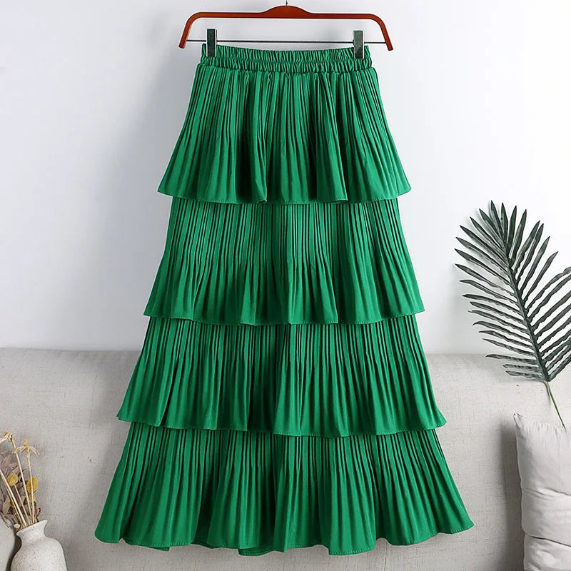 Color High-waisted Pleated Cake Skirt For Spring Summer Women 4 Layered Ruffles A-line Skirt Casual Solid