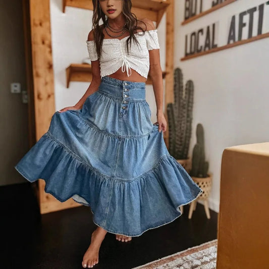 Women's Denim Skirt Bohemian A-line Layered Cake Skirt Casual Fashion Summer New Item