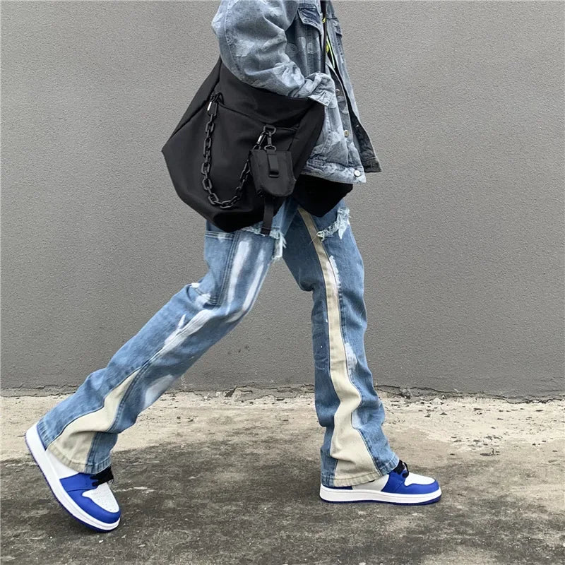 Stylish Men Flared Jeans Drawstring Elastic Waist Baggy Pants Straight Loosen Ink Spliced Denim Trousers Pantlones Hombre