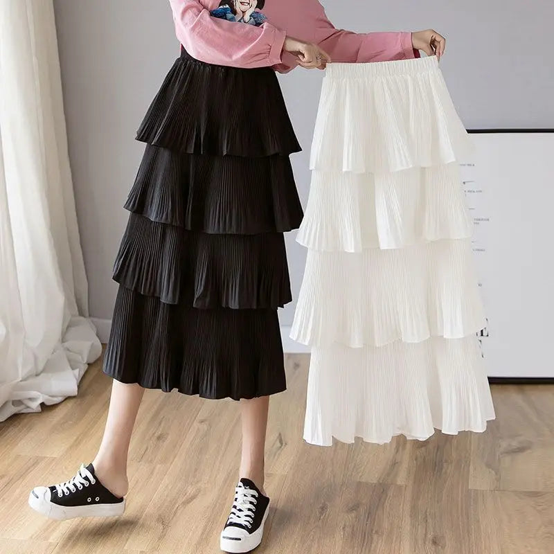 Color High-waisted Pleated Cake Skirt For Spring Summer Women 4 Layered Ruffles A-line Skirt Casual Solid