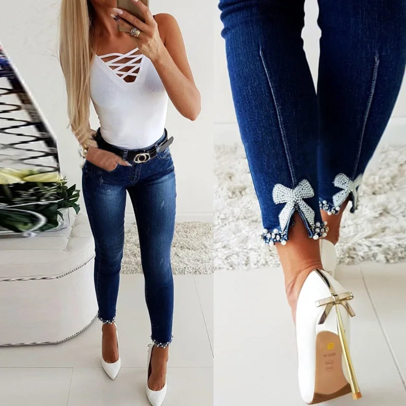 Pencil Pants Women Vintage Washed Jeans Sheath Denim Ankle Length Jean Pearls Solid Pockets Casual High Waist Skinny 2025