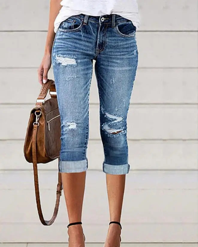 Capris Pants for Women 2023 New Fashion Elegant Ripped Low Waist Capris Denim Skinny Pants Female Clothing Casual Bottom Jeans