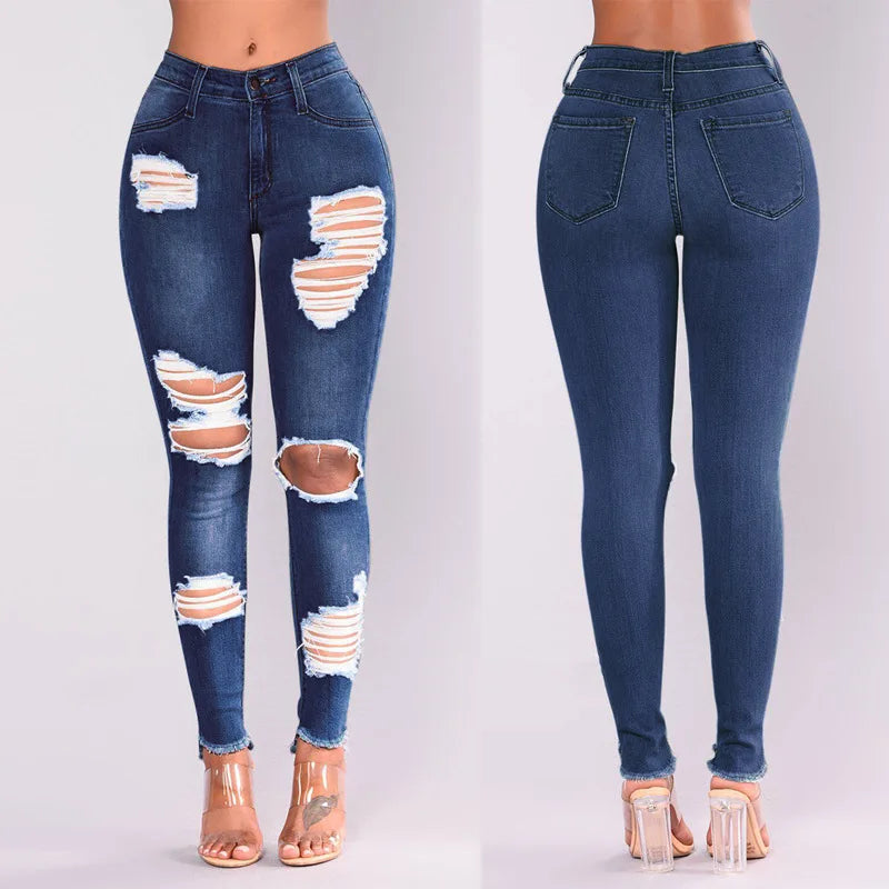 Europe and America Spring New High-waist Elastic Force Hole Break Small Feet Pants Jeans, Fashion Hip Lift Pencil Jeans Women