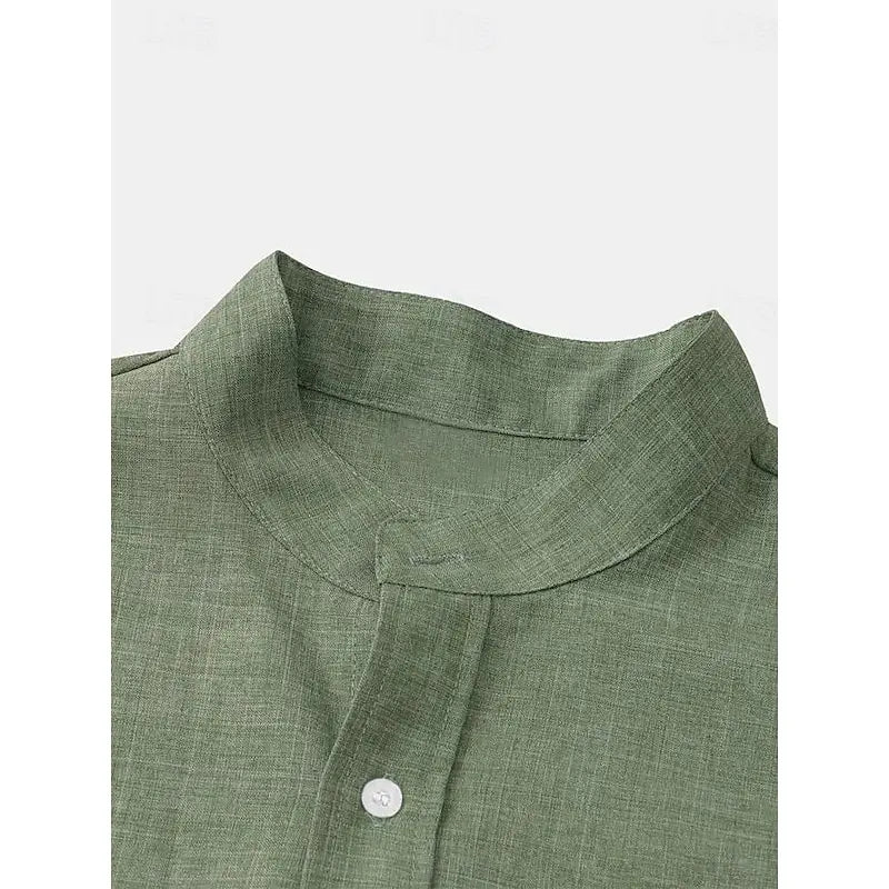 Men's tops linen 100% hot sale linen shirt half cardigan button stand collar solid color shirt linen European size