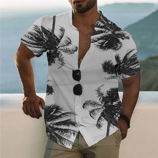 Casual Coconut Tree Graphic Beach Shirts Summer Fashion Short Sleeve Lapel 3D Printed Hawaiian Shirts Mens Loose Vacation Blouse